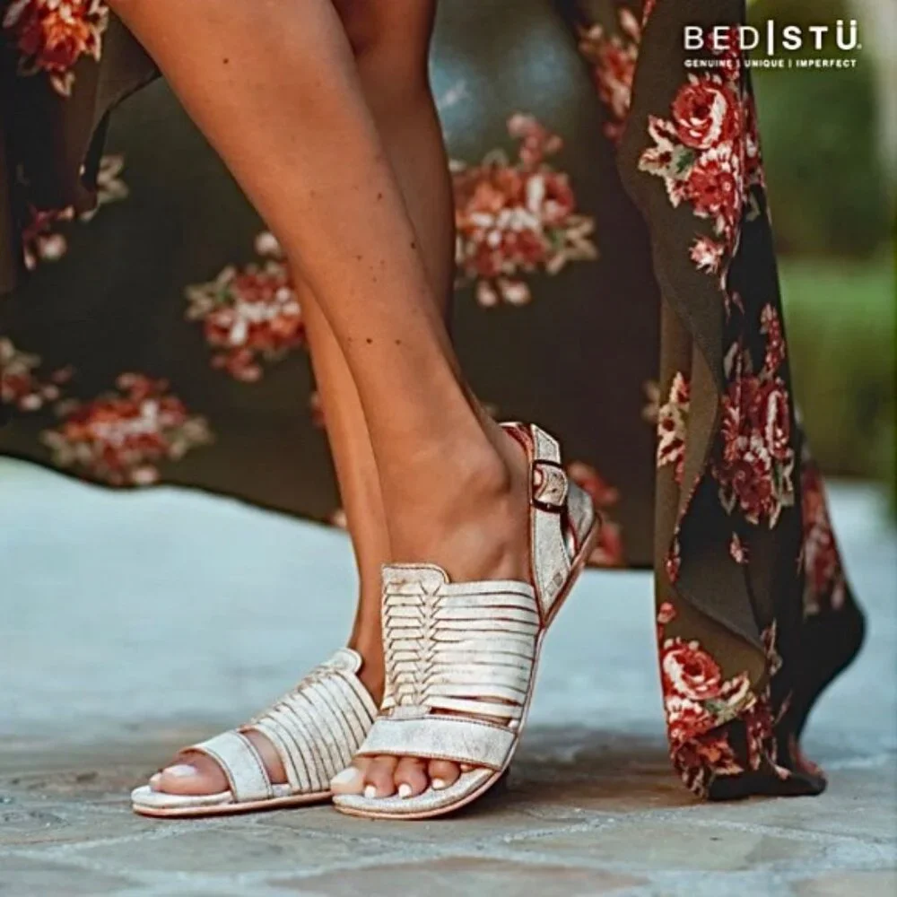 BED|STU Women's Tan Leather Woven Slingback Sandals